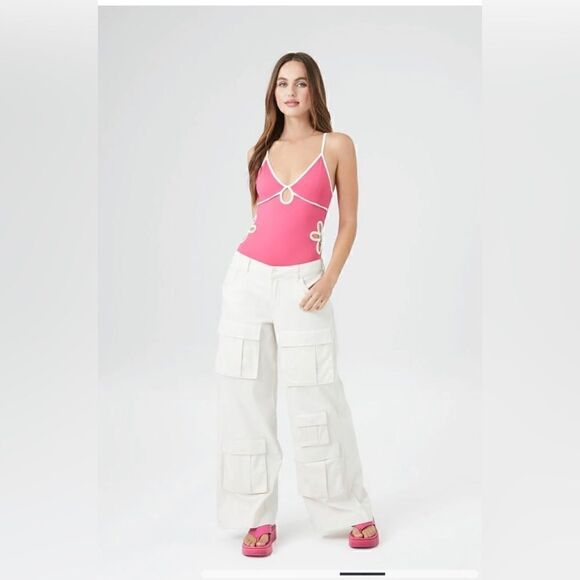 Forever 21 Flower Cutout Cami Bodysuit- white/Pink - Picture 2 of 8